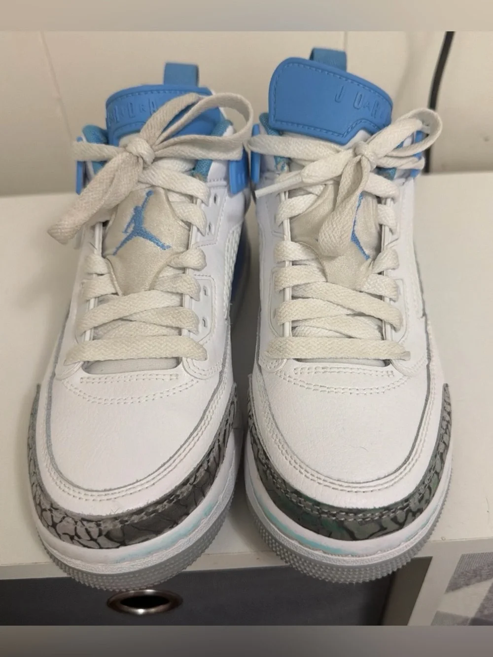 Kids Jordans White and Light Blue Basketball Sneakers